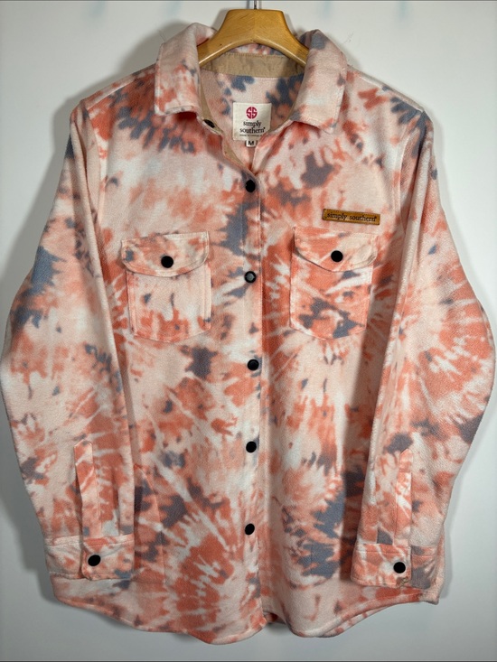 Simply Southern Jackets & Blazers - Simply Southern Snap Front Fleece Peach and Gray Tie Dye Shacket Shirt - Medium